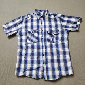 Burnside Shirt Men Med Blue White Gray Plaid Button Up Short Sleeve Surfer